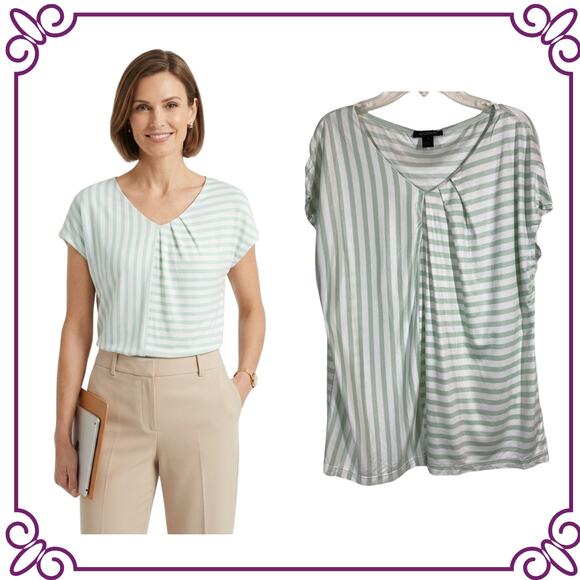 St. John Tops - St. John Cap Sleeve V Neck White & Mint Green Stripes Top Blouse SMALL